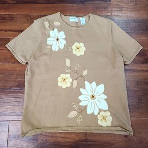 VTG Alfred Dunner Shirt Womens 1X Short Sleeve Sweater Embroidered Tan Floral